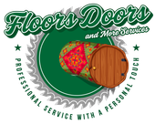 A logo for floors doors and more services with a wooden door
