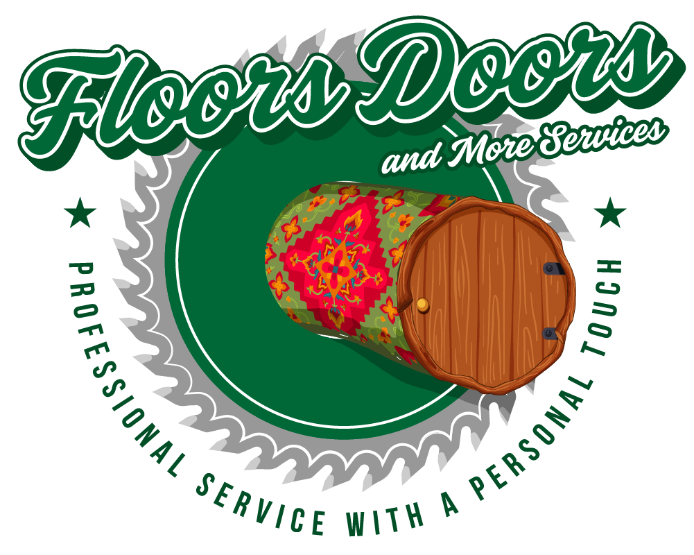 A logo for floors doors and more services with a wooden door