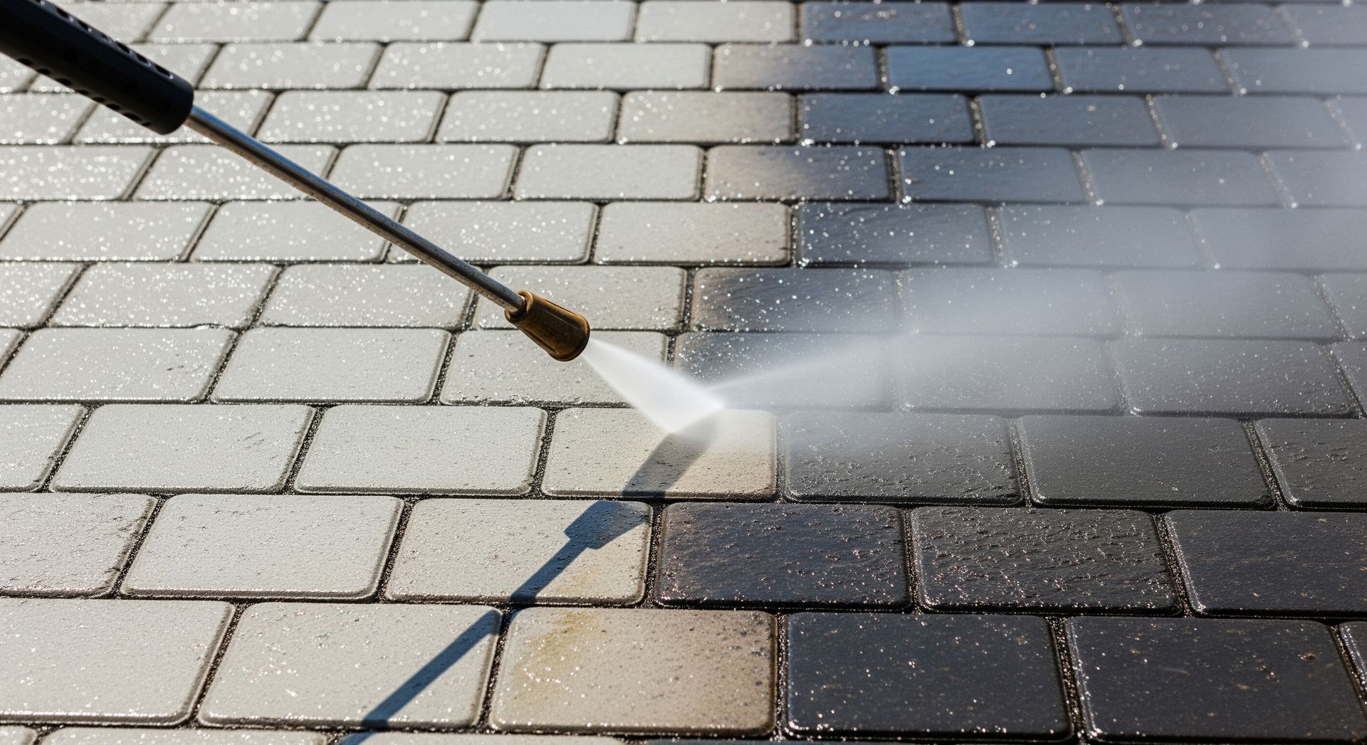 A pressure washer cleaning a brick paver surface; the clean portion is lighter than the dirty part.