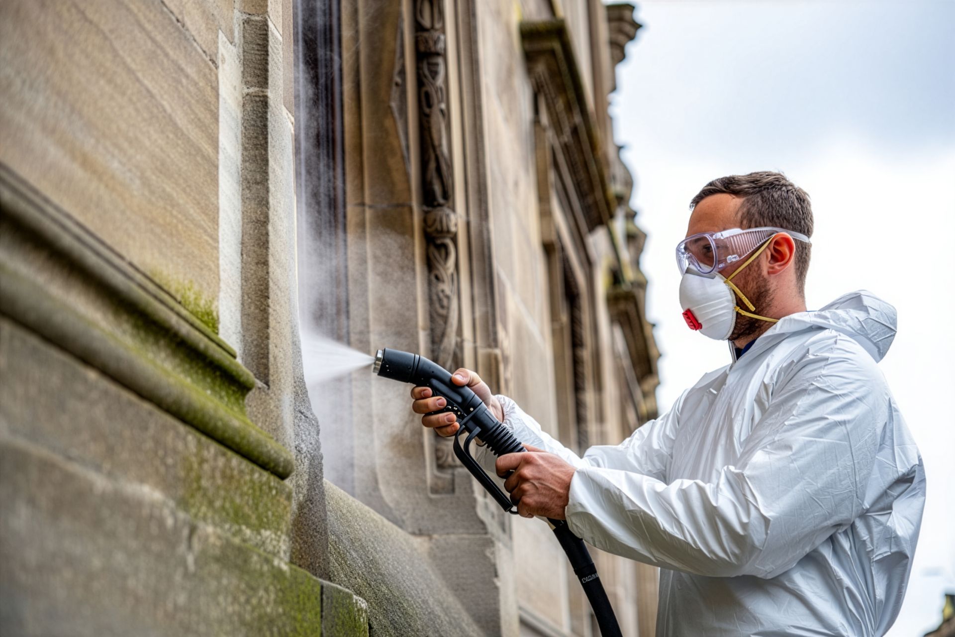 Man in protective gear power washing a stone wall, steam visible.