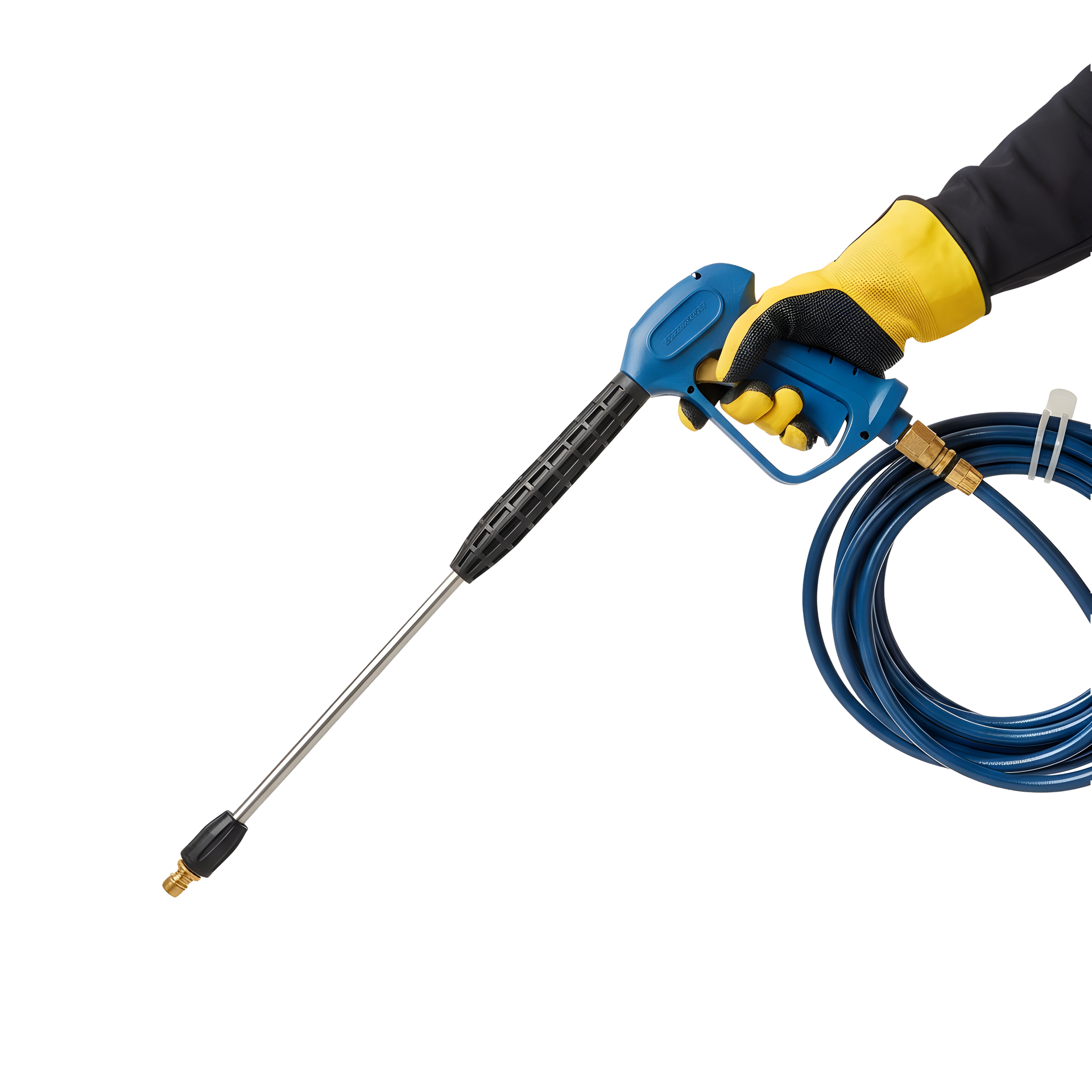 Person wearing yellow glove holding blue and black pressure washer.