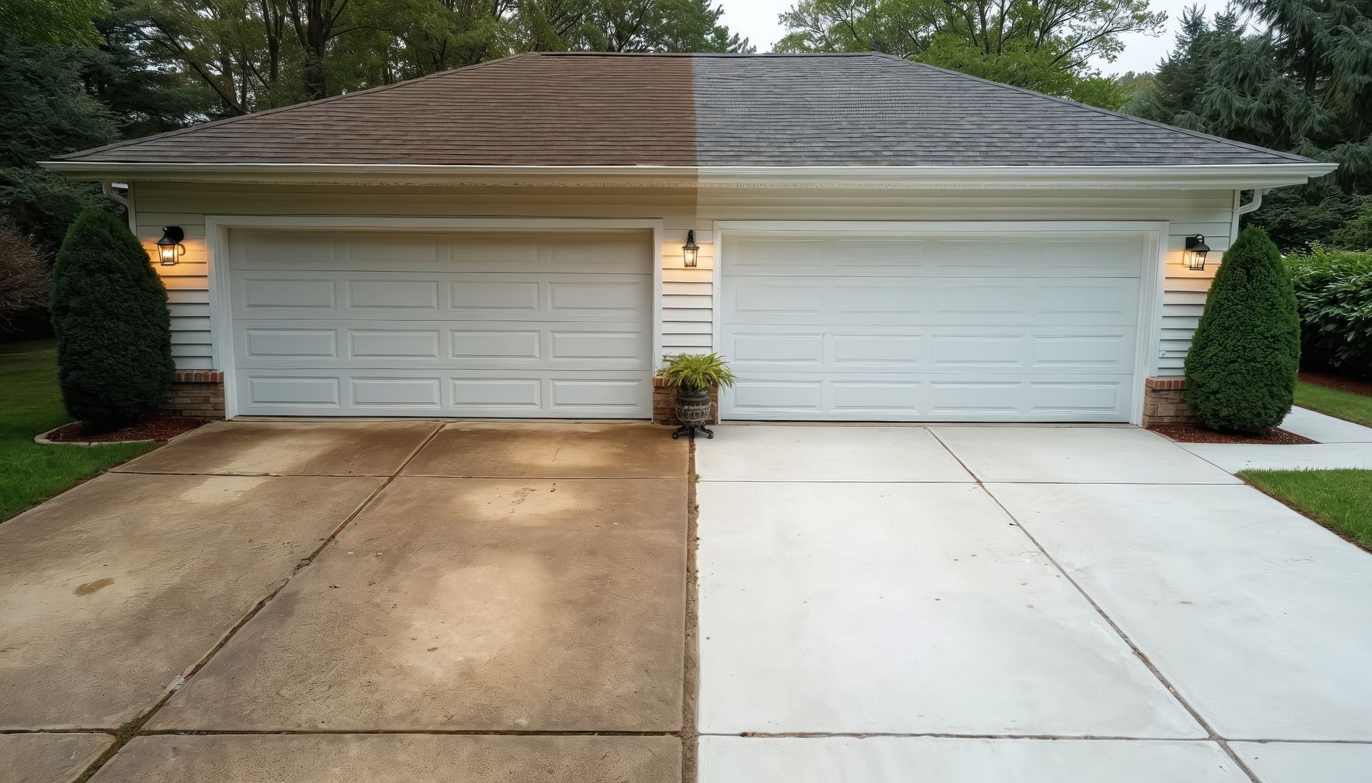 Half a garage and driveway cleaned. The left side is dirty, the right is clean.