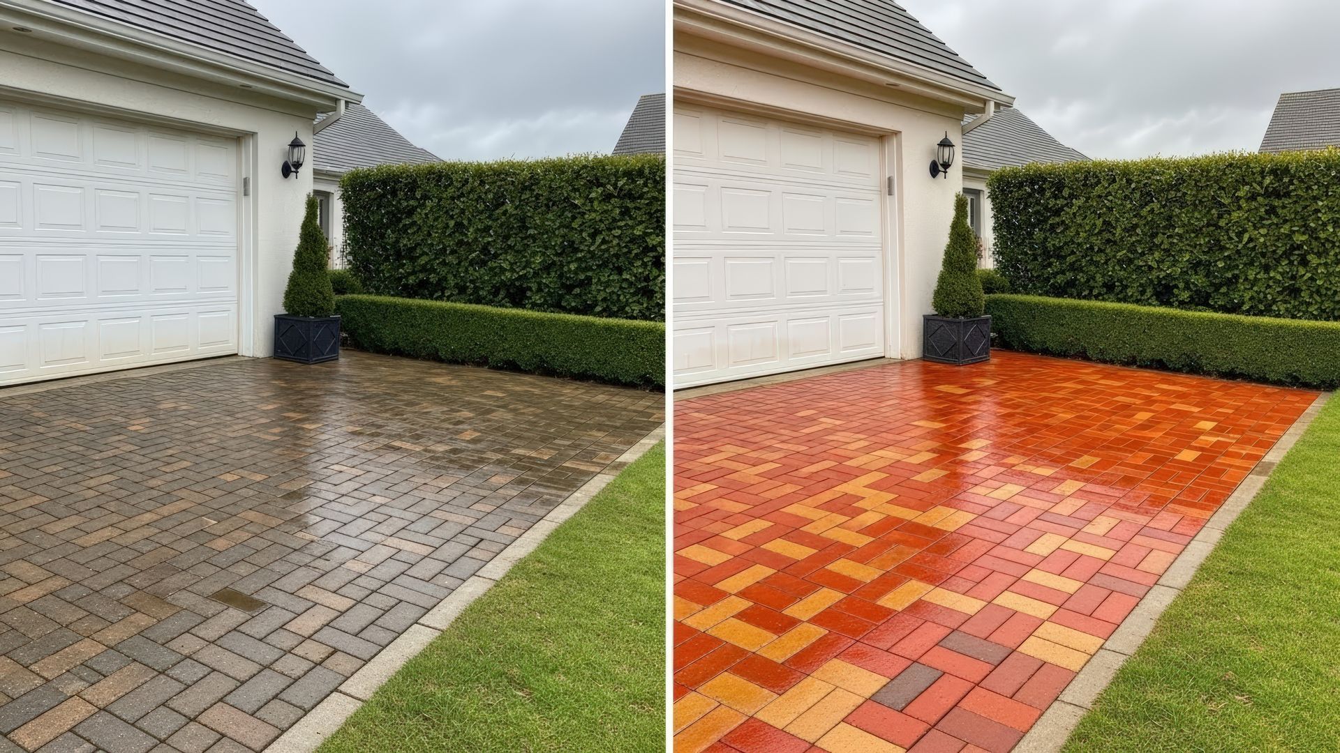 Comparison: dirty and clean brick driveway in front of a white garage and green hedge.