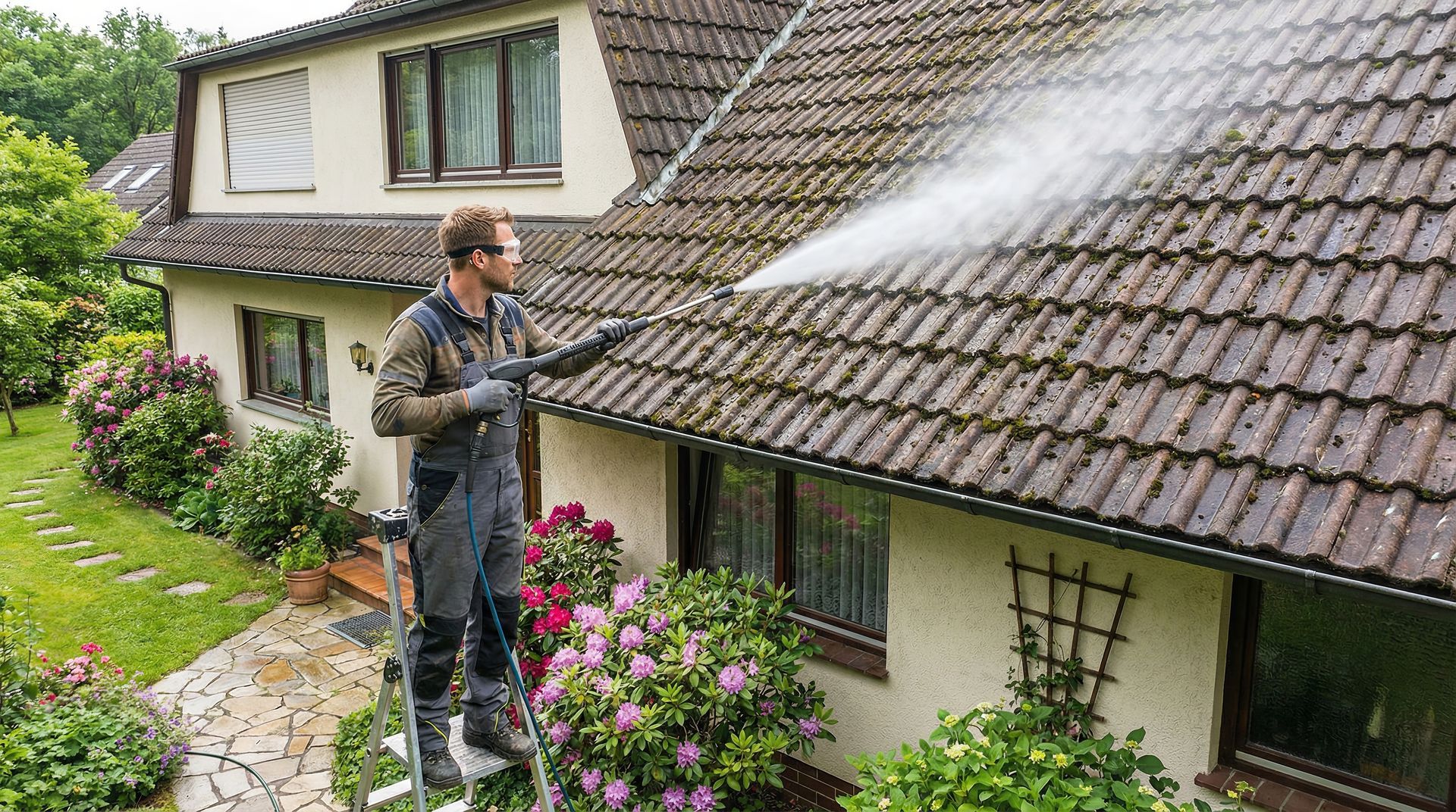 Man pressure washing a roof, standing on a ladder. House with green lawn and bushes in the background.
