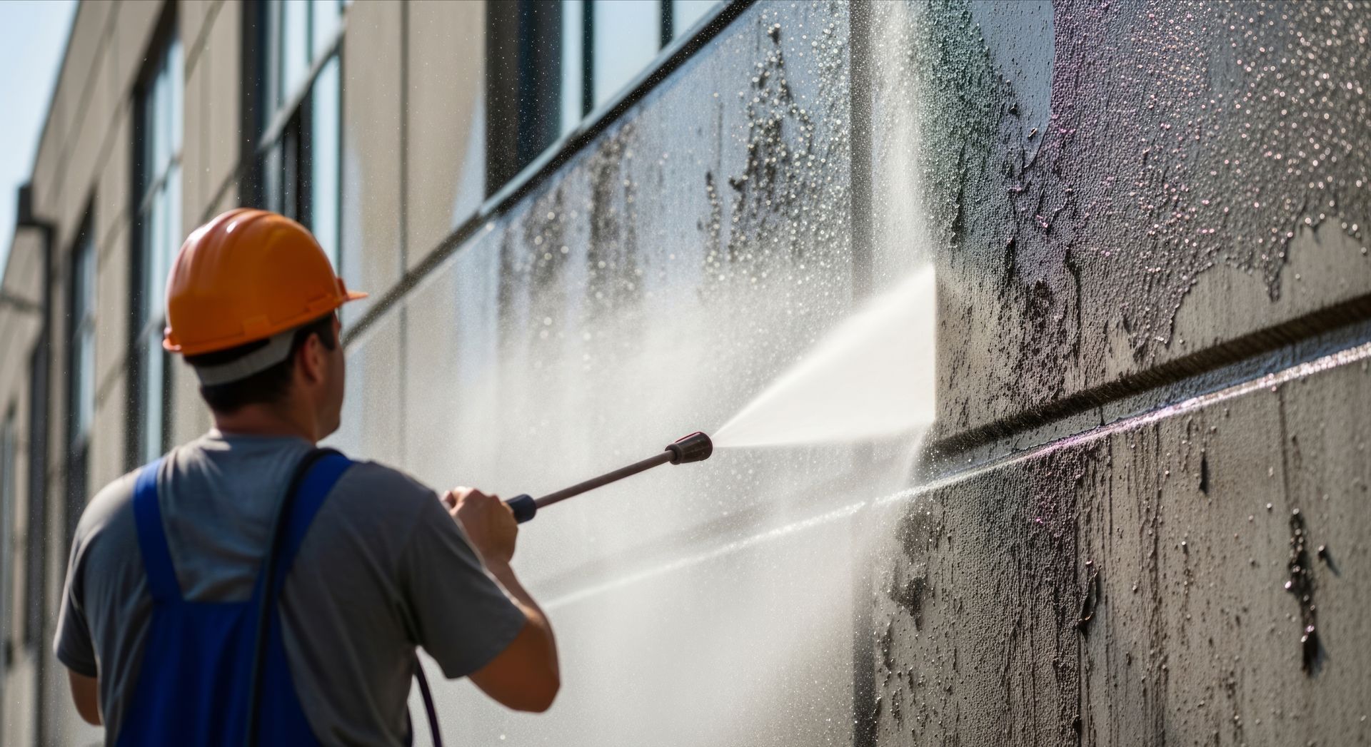 Person in orange hard hat power washes a building wall.