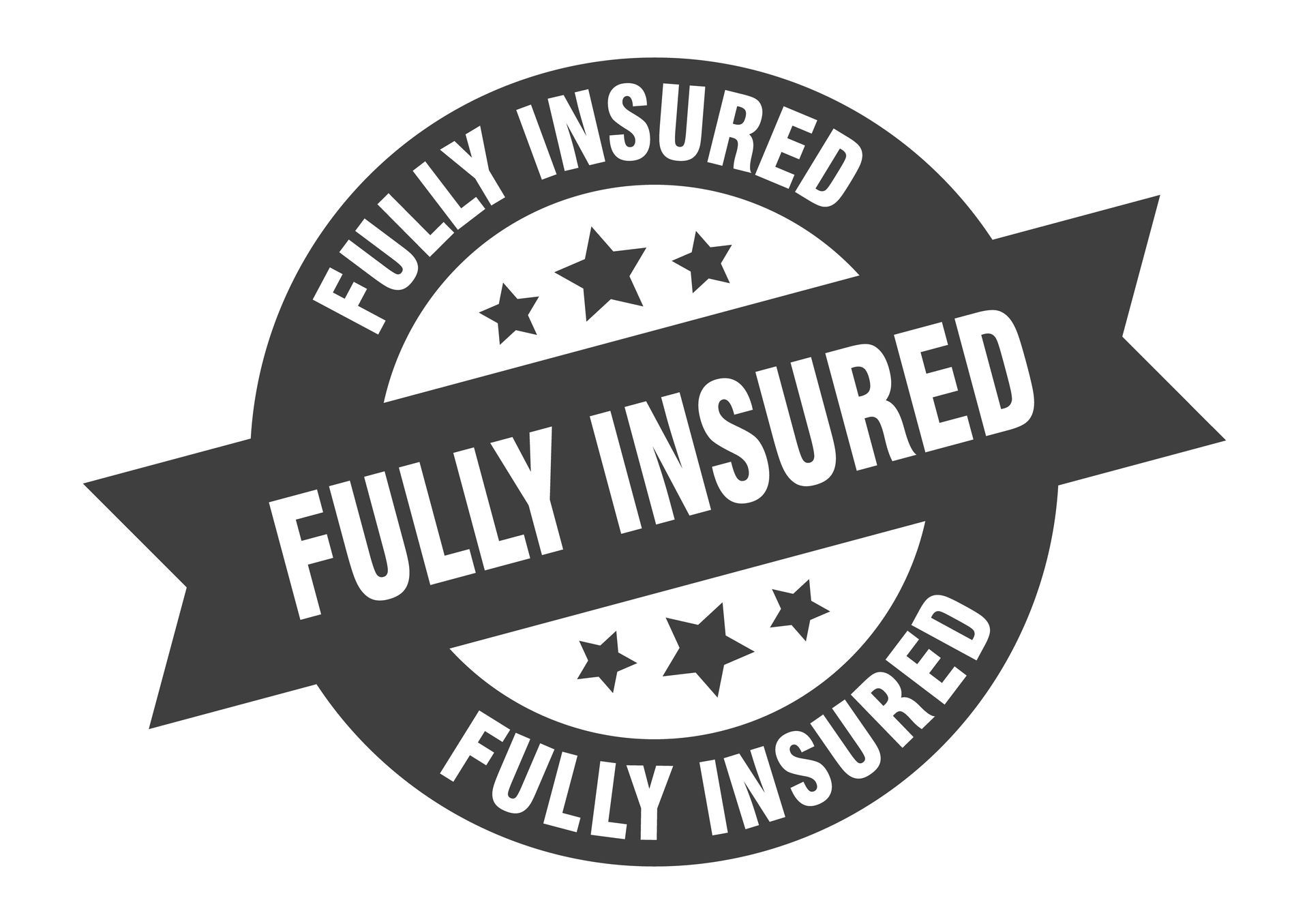 Black and white "FULLY INSURED" logo with stars, text wrapped around a circle and across a banner.
