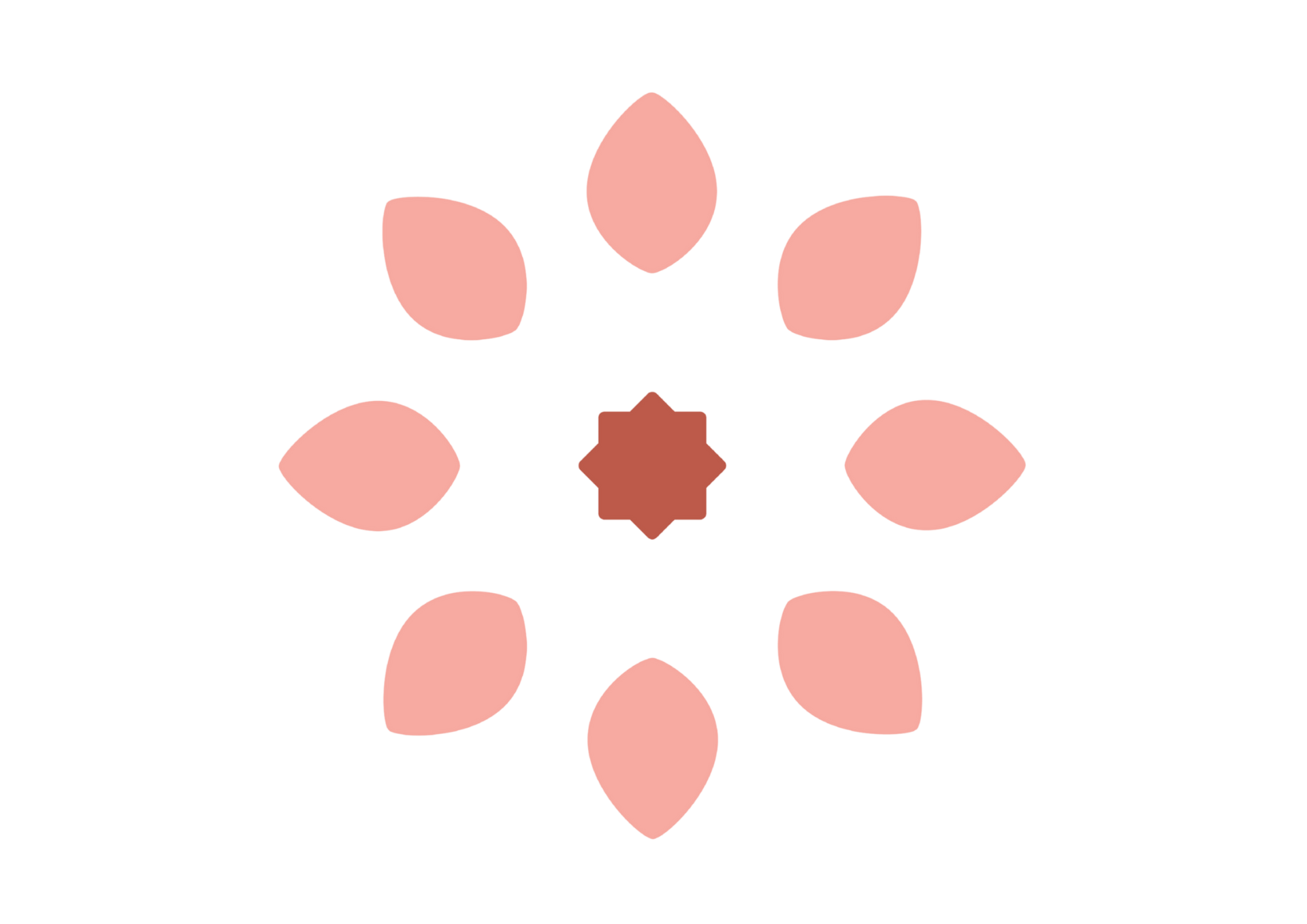 Rosa Blume mit acht Blütenblättern um ein braunes sternförmiges Zentrum auf weißem Hintergrund.