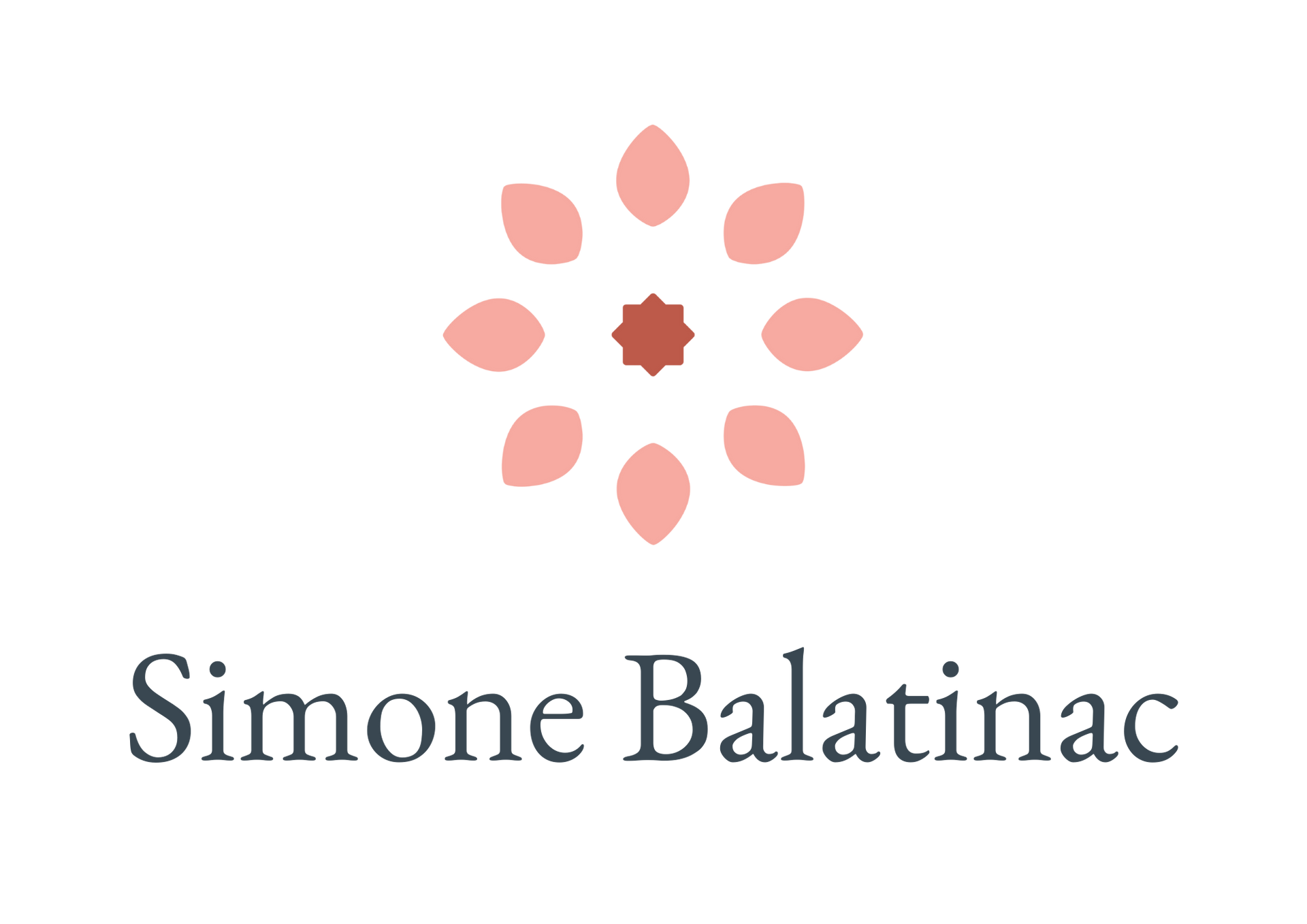 Logo von Simone Balatinac mit einem stilisierten Blumenmuster in Rosa und Braun über dem Namen.