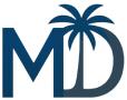 MD initials with palm tree graphic, dark blue, on white background.