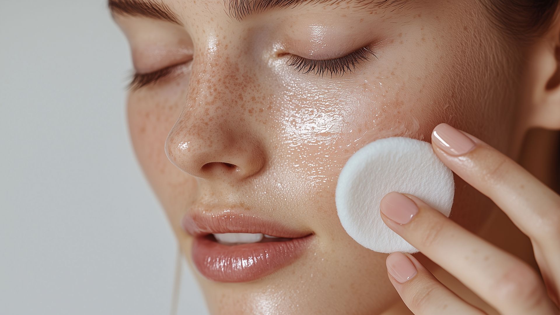 Woman using a cotton pad on her face, likely for skincare. The skin is glowing with a sheen.