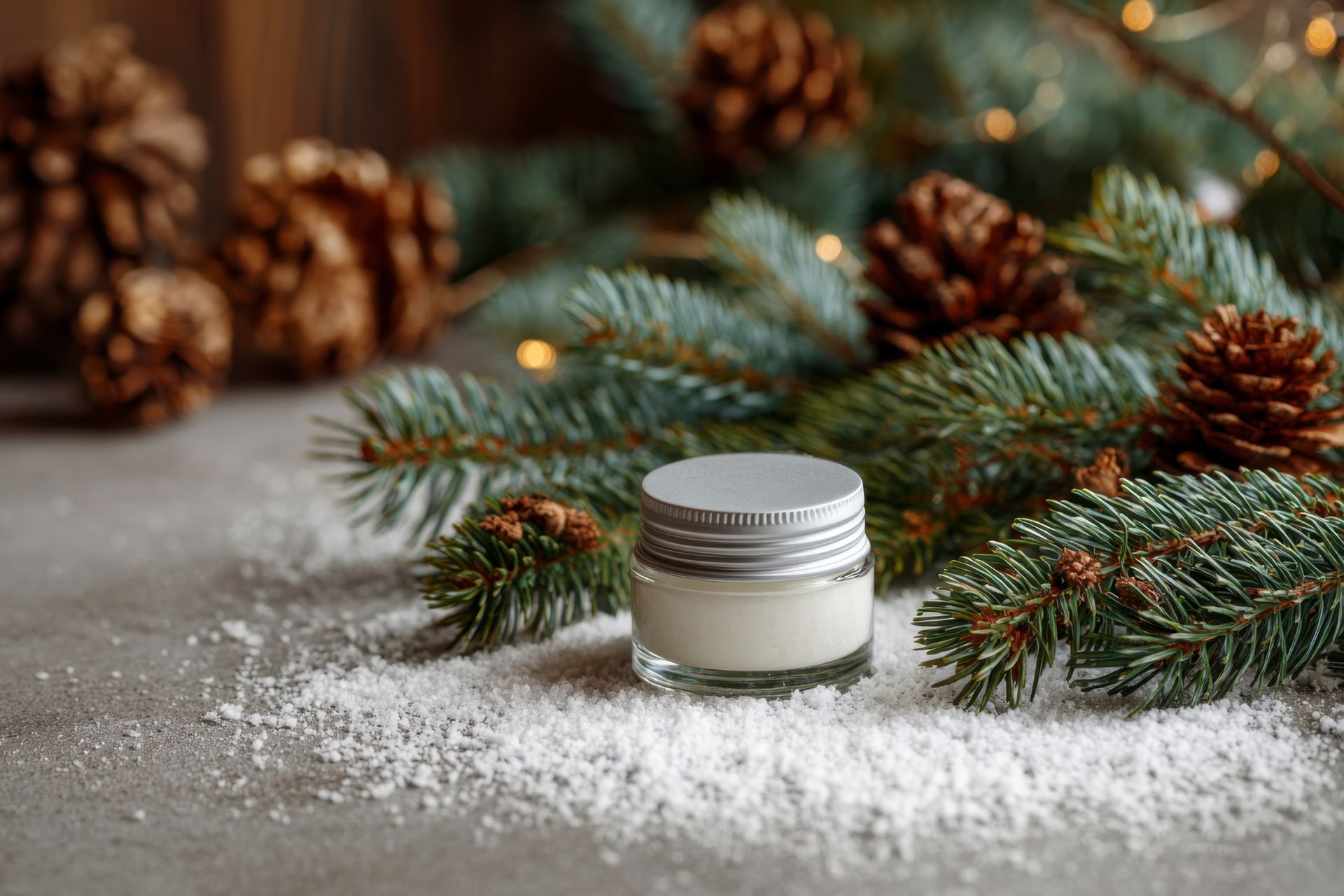Jar of cream with silver lid sits on snowy surface, surrounded by pine boughs and cones.