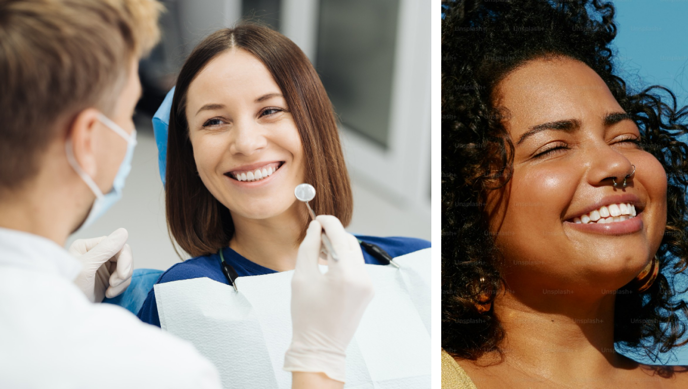 A woman is smiling while having her teeth examined by a dentist.