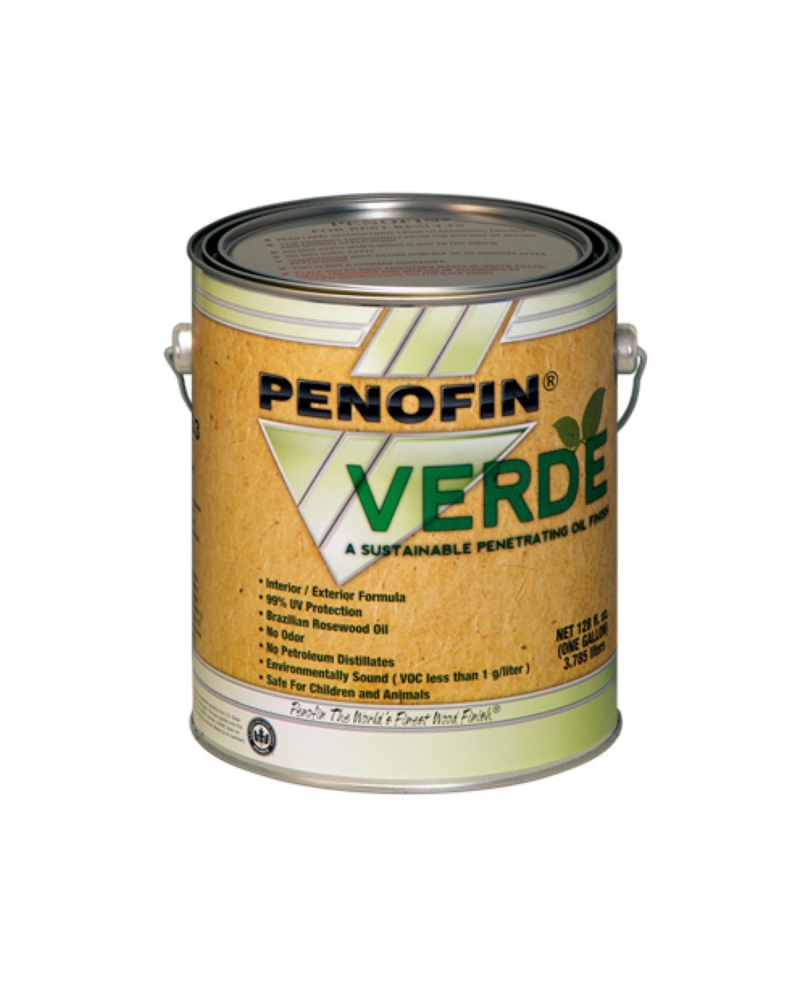 A can of penofin verde paint on a white background