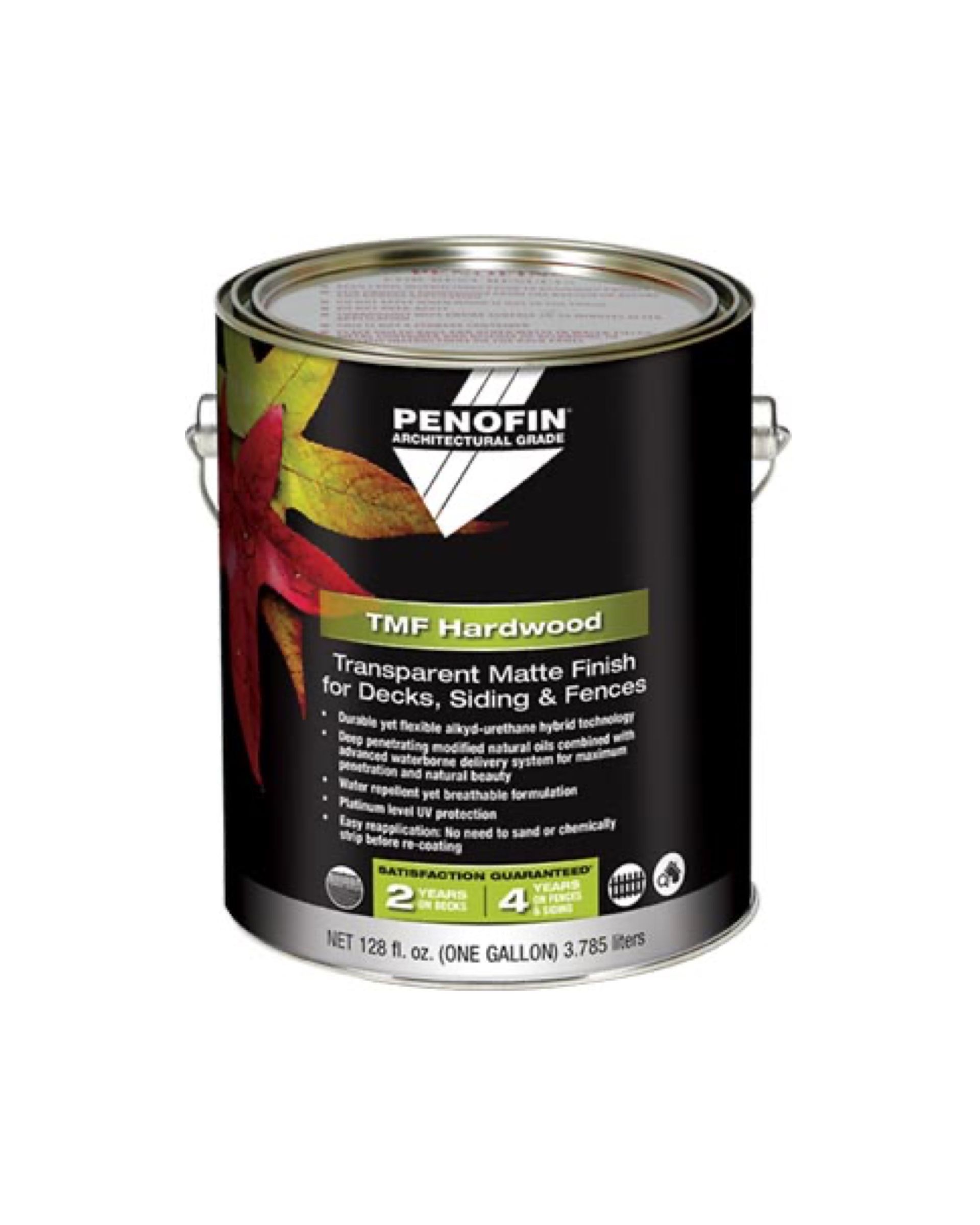 A can of penofin tmf hardwood paint on a white background.