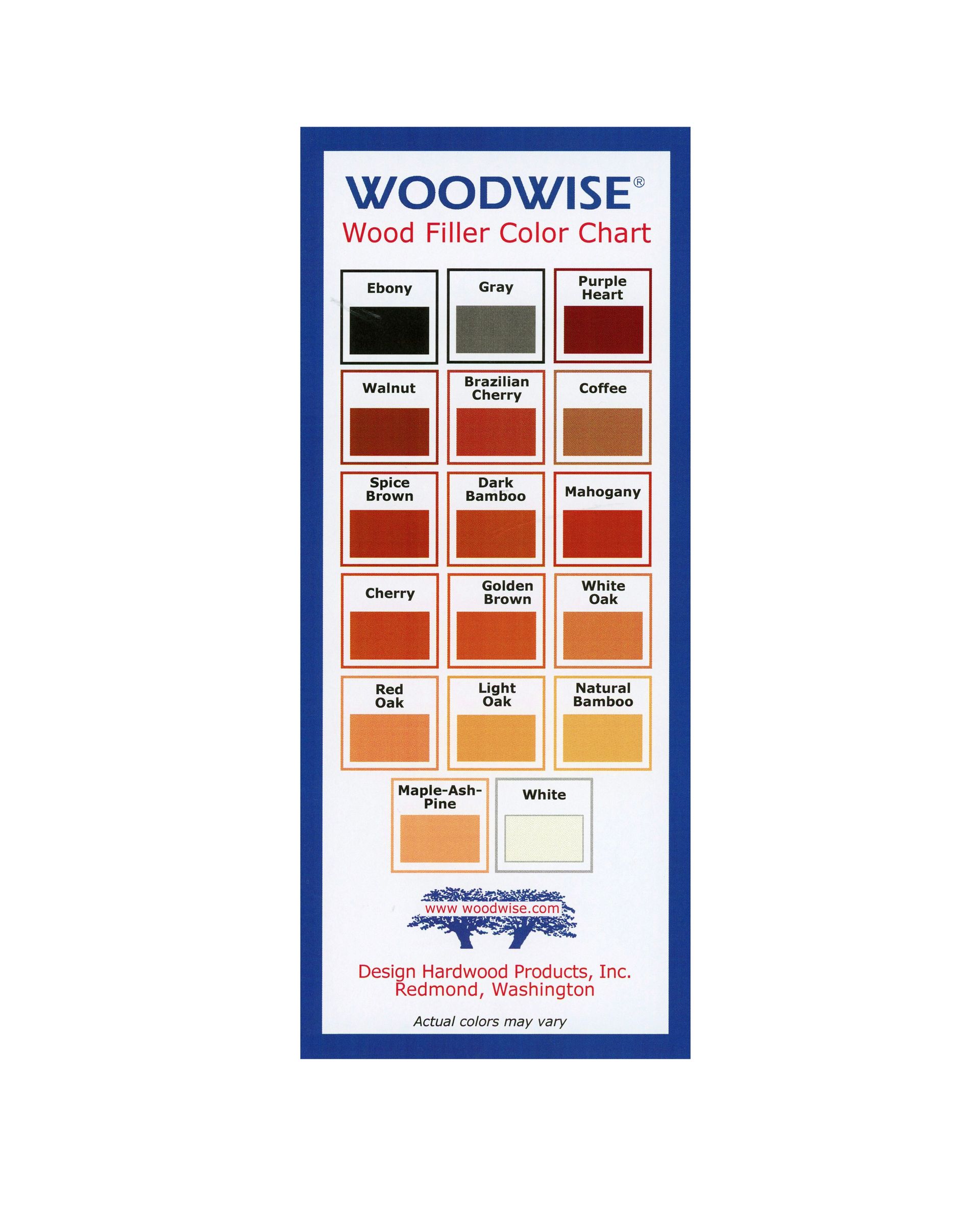 A woodwise wood filler color chart is shown on a white background