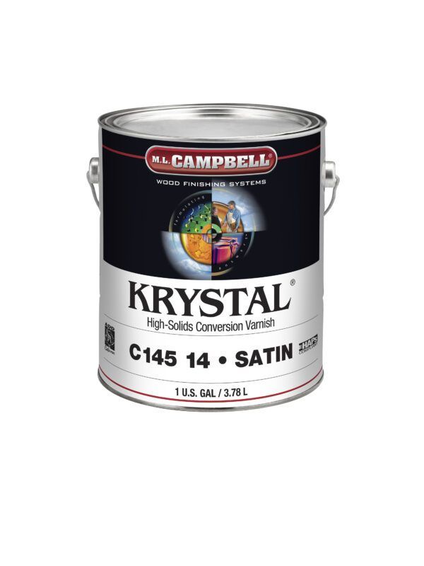 A can of krystal c145 14 satin paint on a white background.