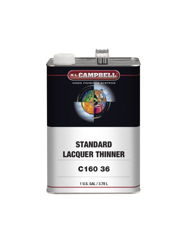 A can of standard lacquer thinner c160 36 on a white background.