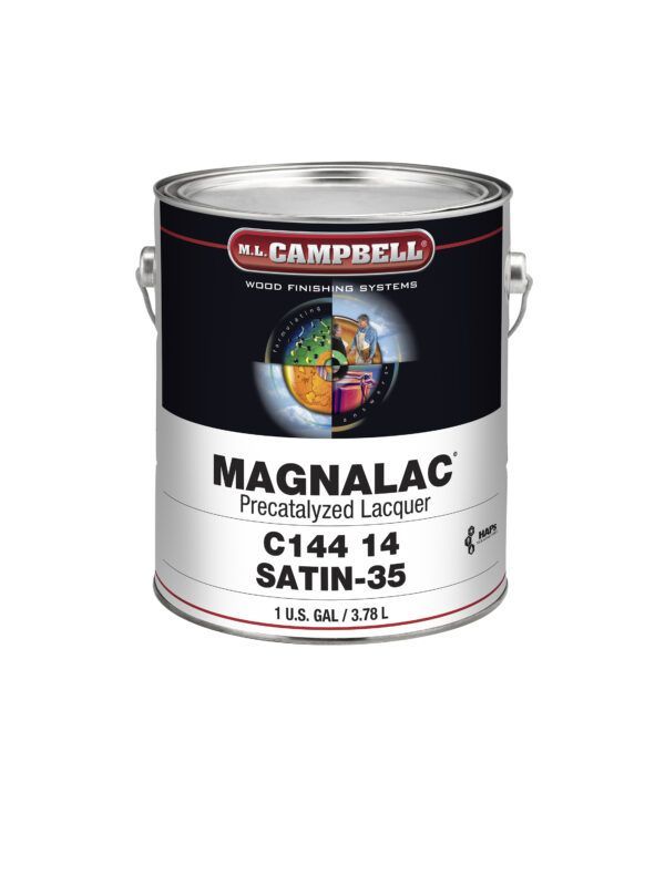 A can of magnalac c144 14 satin 35 paint on a white background.