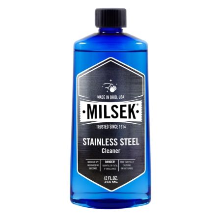 A blue bottle of milsek stainless steel cleaner