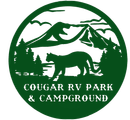 Green logo for Cougar RV Park & Campground with mountain, trees, and cougar silhouette