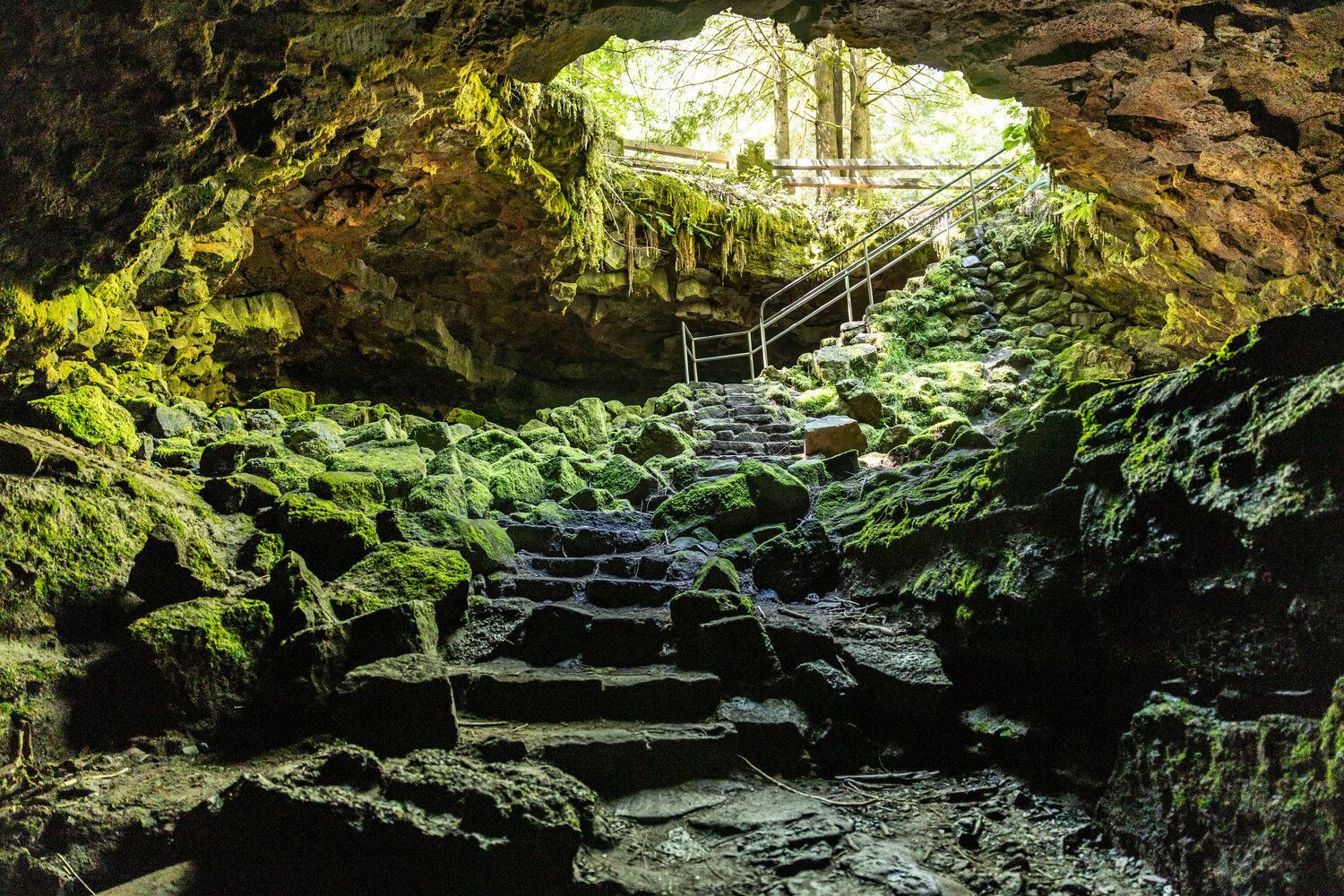 Sunlit cave entrance with mossy stone steps leading up to a forest opening