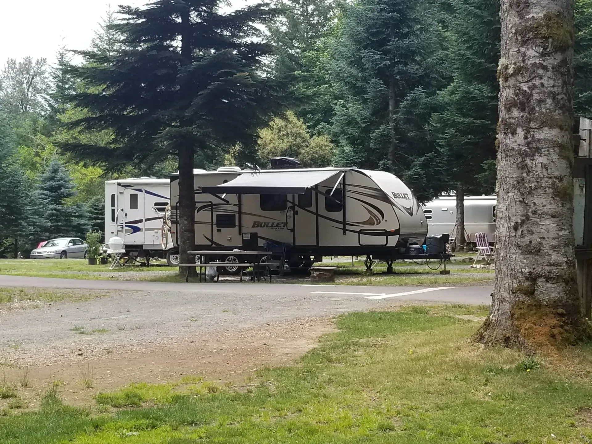 Tan RV parked on a gravel campsite among tall trees, with another trailer in the background.