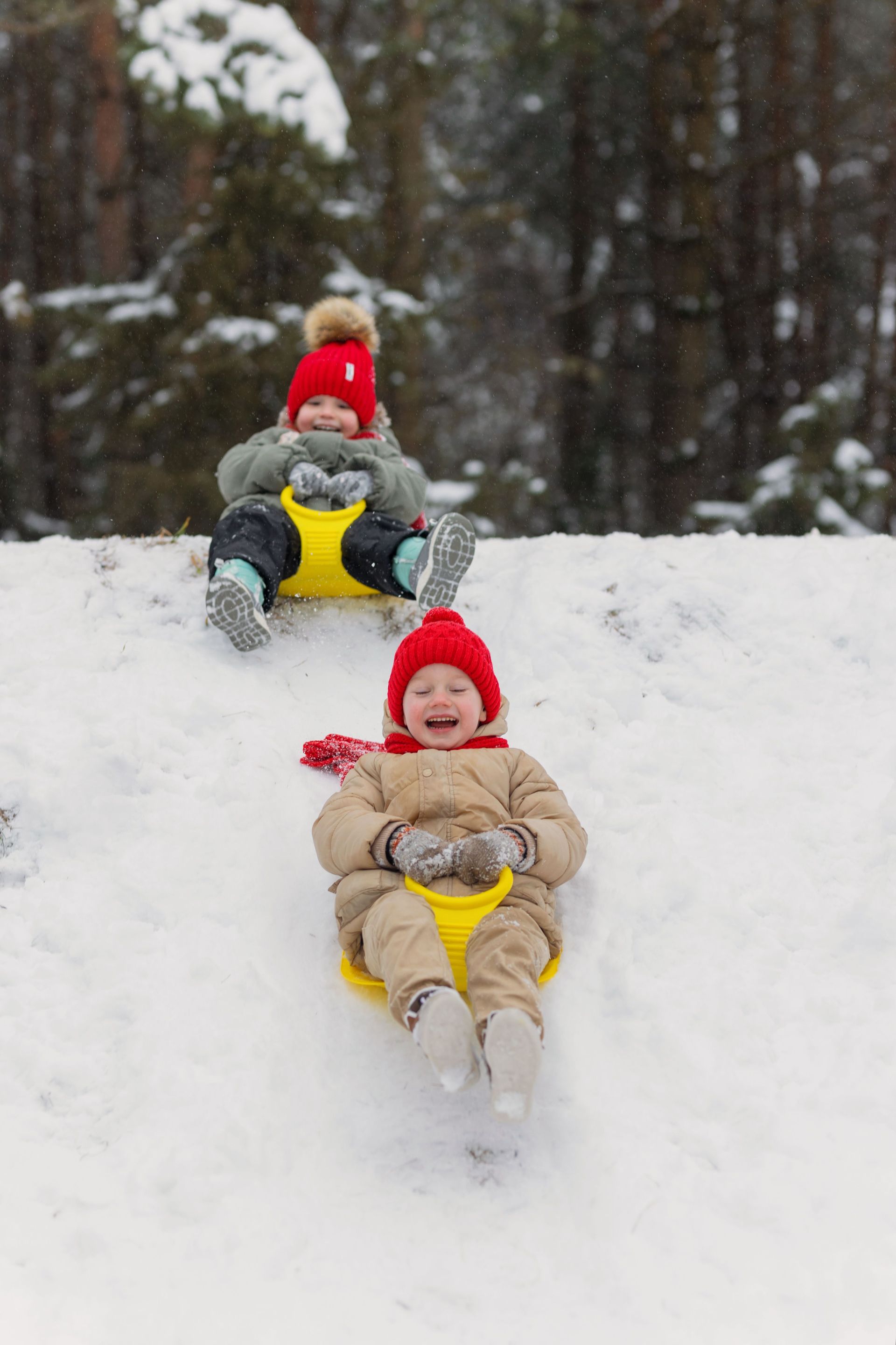 Two children in red hats sledding down a snowy hill on yellow sleds, with trees in the background.