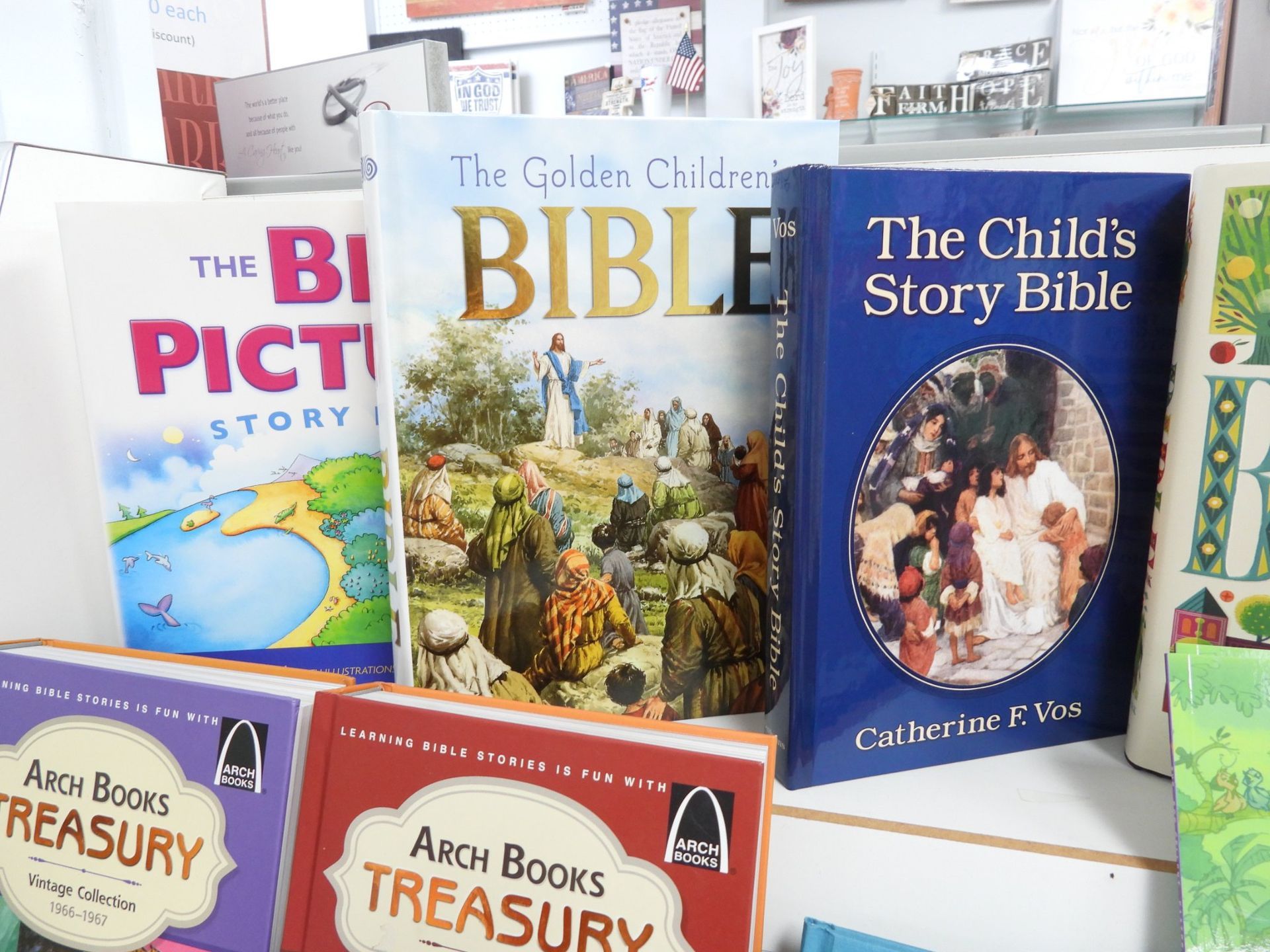 Several children's Bibles on display, including 