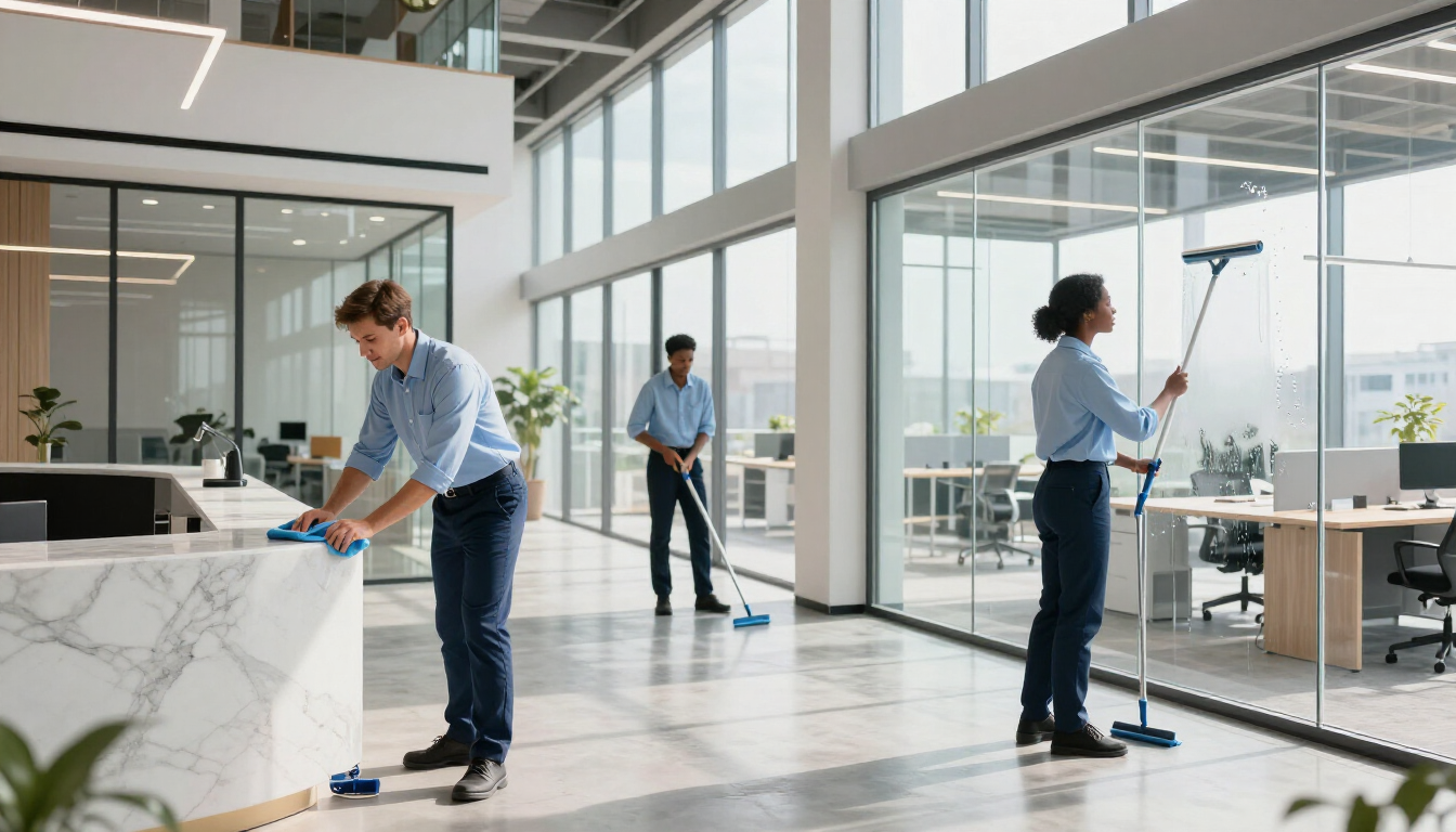 Professional cleaners working on a post-construction site in Maryland.