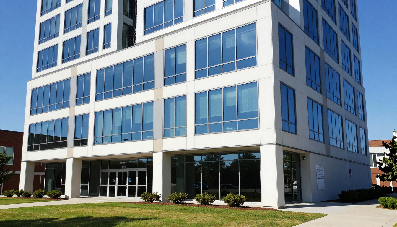 Professional window cleaning technician working on a commercial glass facade in Virginia.
