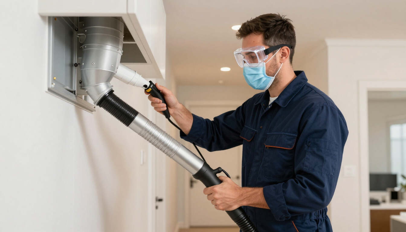 Technician performing OSHA compliant residential duct cleaning