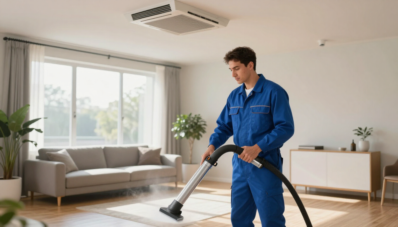 Professional residential duct cleaning technician cleaning a vent.