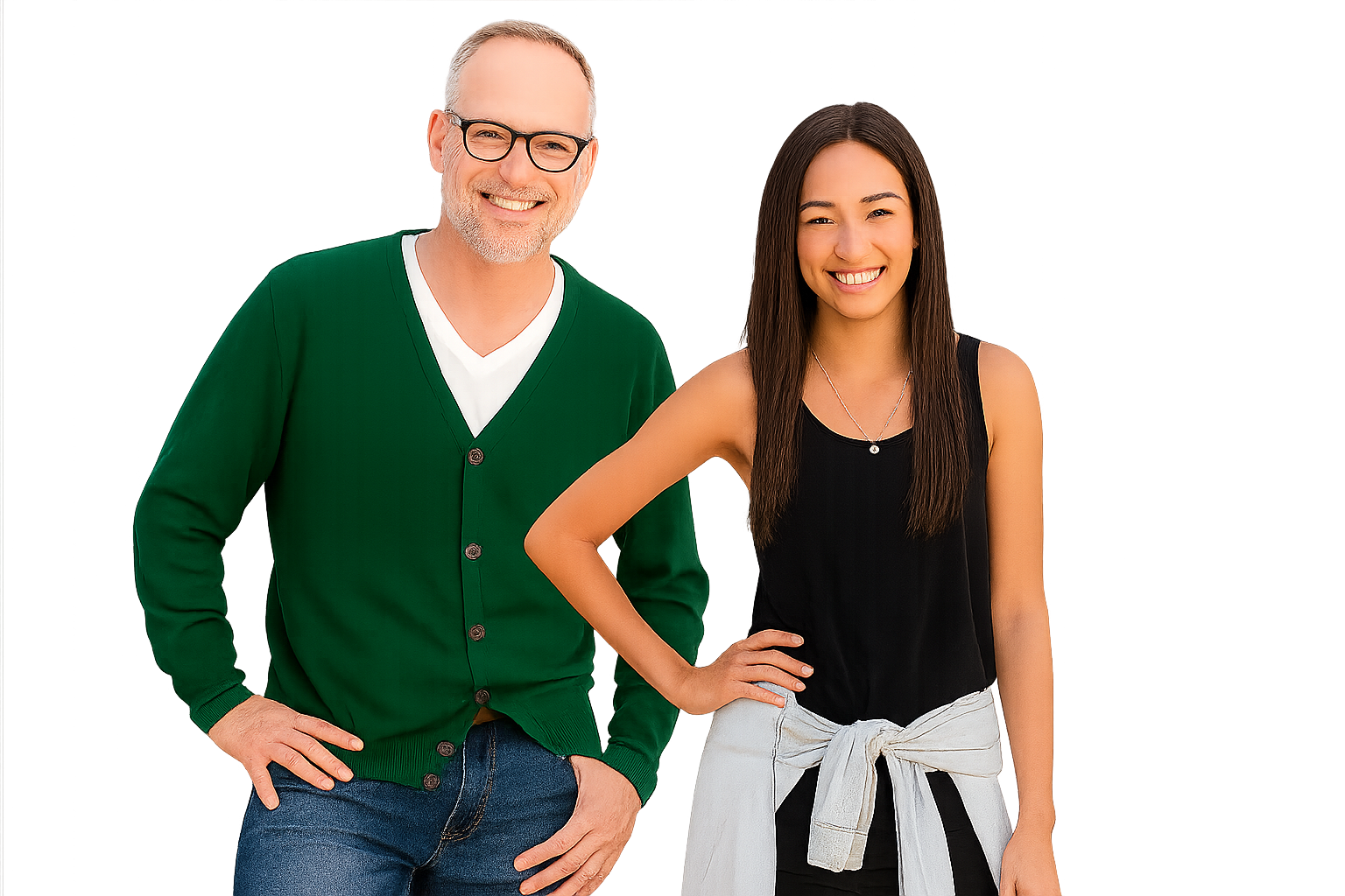 Man and woman, smiling, posing together. Man in green cardigan, glasses. Woman in black tank top, hand on hip.