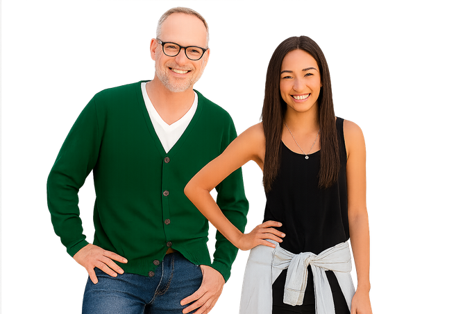 Man and woman, smiling, posing together. Man in green cardigan, glasses. Woman in black tank top, hand on hip.
