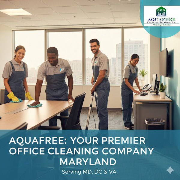 Aquafree cleaning crew cleans an office. One wipes a table, another vacuums, and two dust.