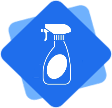 Blue square icon with white outline of a spray bottle.