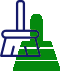 Blue broom icon over a green cleaning supplies icon.