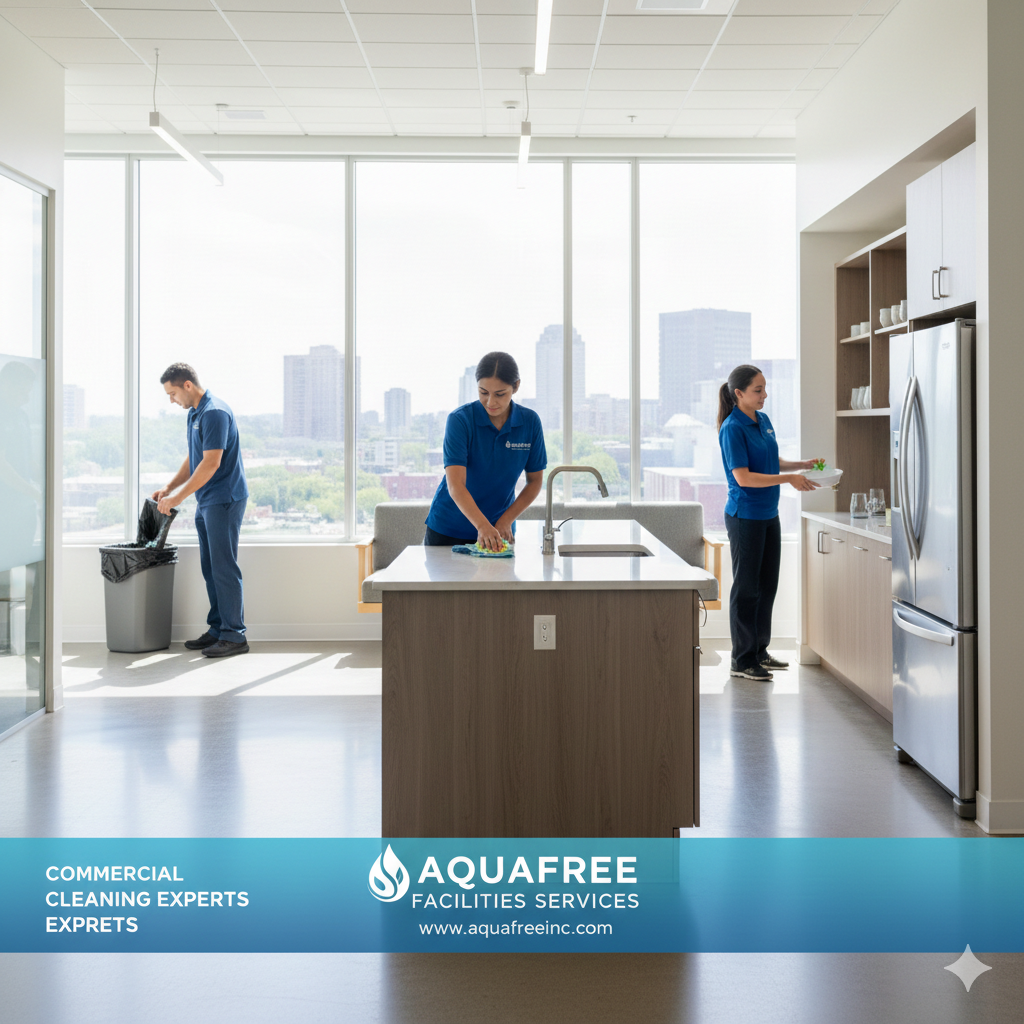 Three people cleaning an office kitchen. One empties trash, one wipes a counter, and another puts items away.