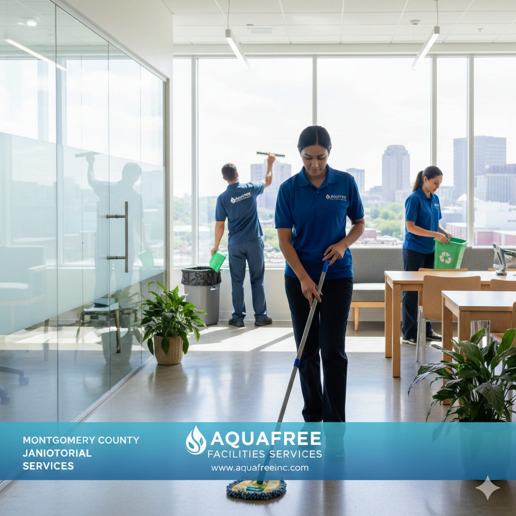 Cleaning crew in an office. One mopping, one cleaning windows, and one emptying a trash can. City view.