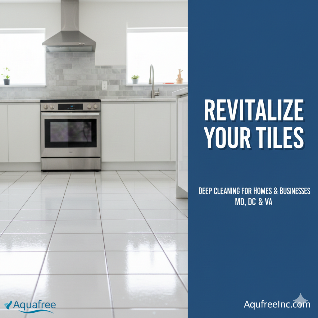 Shiny white kitchen floor and countertop with text 