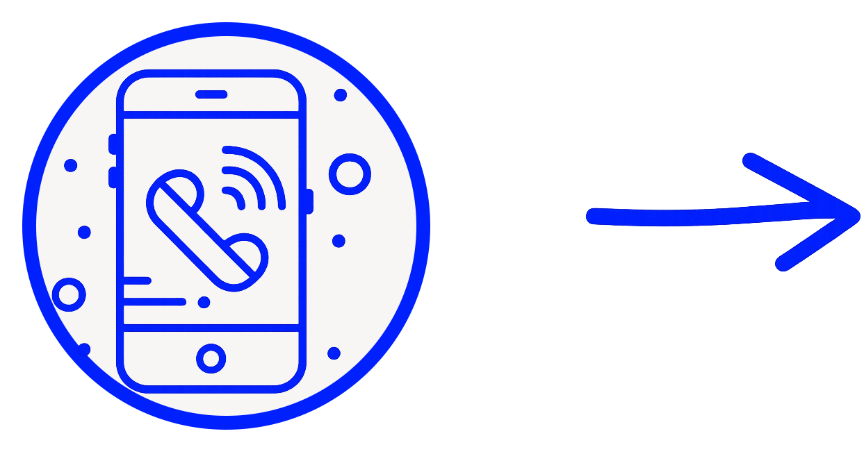 Blue circle with a smartphone displaying an incoming call, with an arrow pointing right.