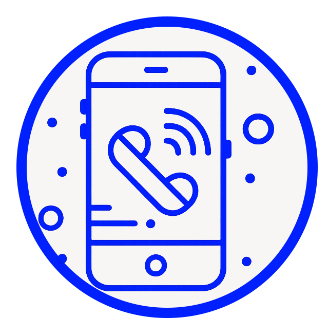 Blue circle with a smartphone displaying an incoming call, with an arrow pointing right.