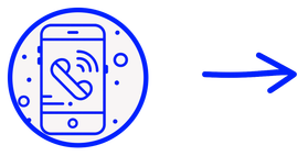 Blue circle with a smartphone displaying an incoming call, with an arrow pointing right.