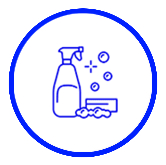 Cleaning supplies in a blue circle with an arrow pointing right.