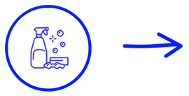 Cleaning supplies in a blue circle with an arrow pointing right.