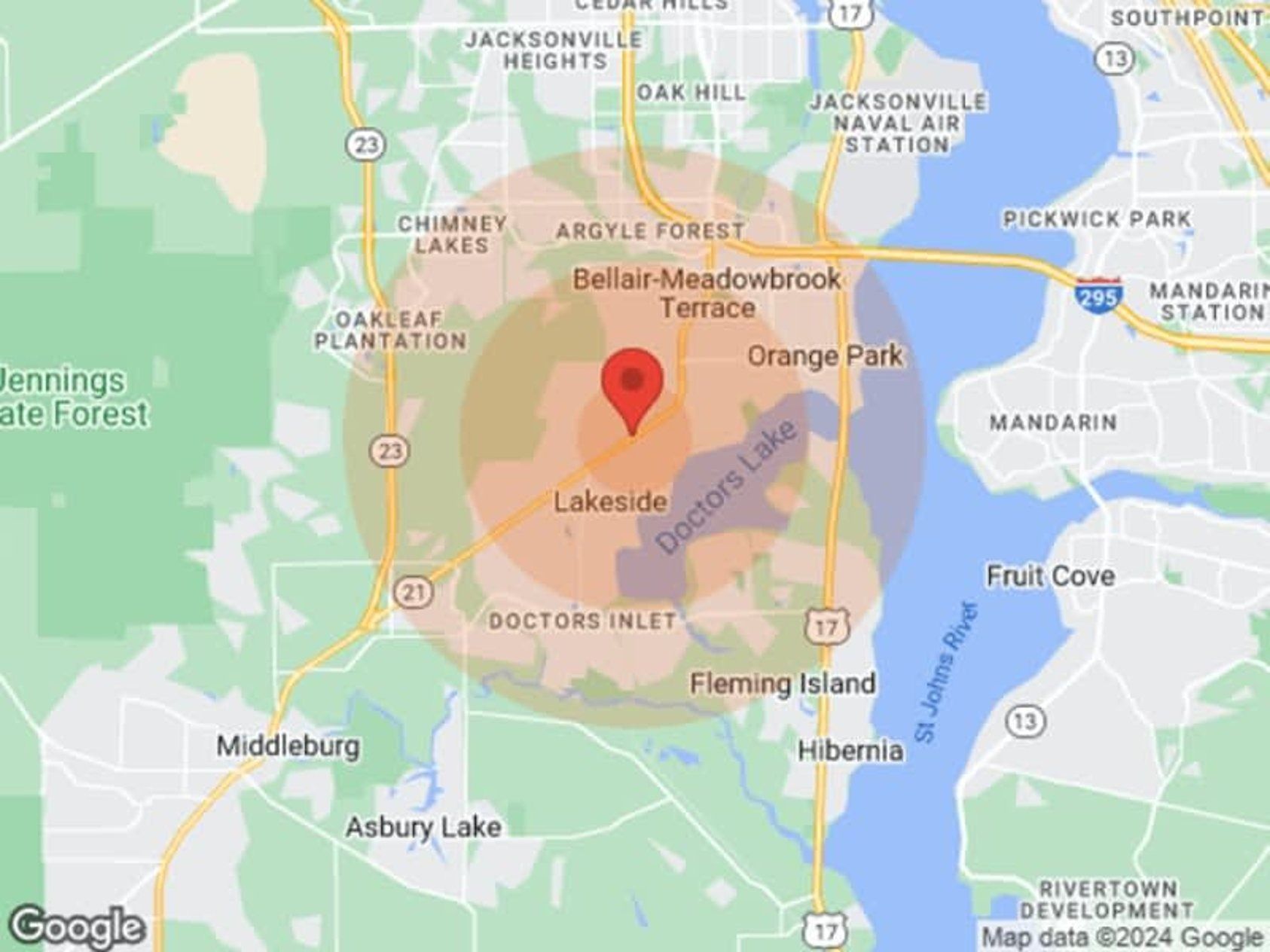 Map of Orange Park, Florida, with a red marker and circular shaded area.