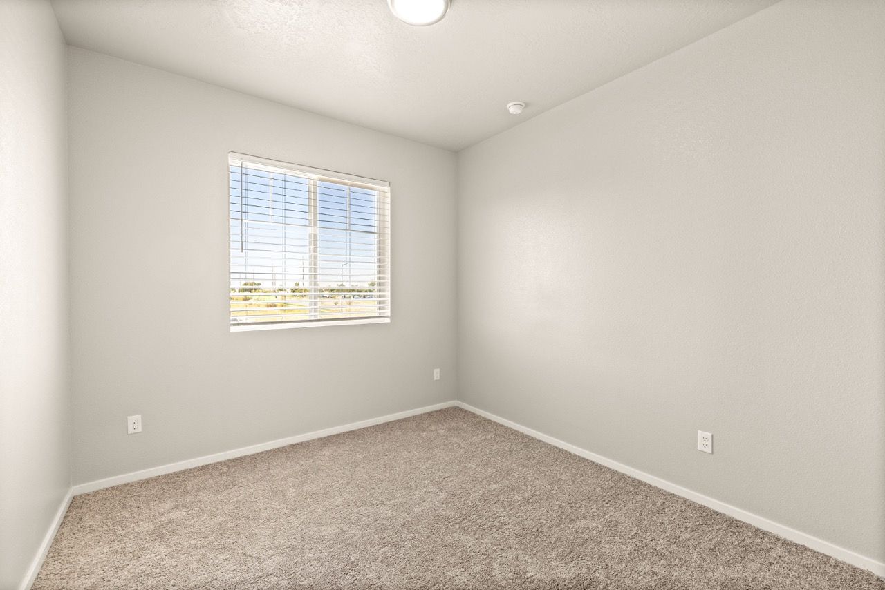 Empty beige bedroom with a window and blinds, carpeted floor.