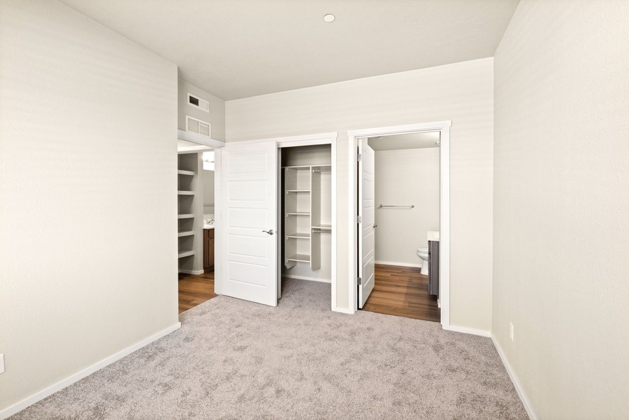 Bedroom with carpet, a closet with shelves, and an adjoining bathroom.