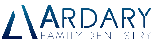 The logo for ardary family dentistry is blue and white
