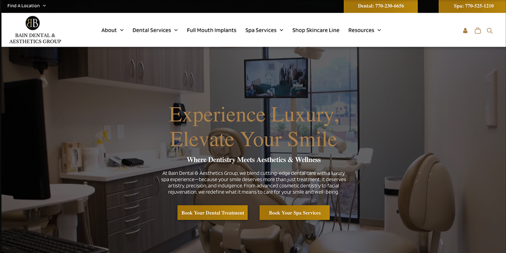 A website for a dental office shows a waiting room with a couch and chairs.